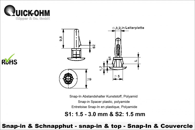 Polyamid Snap-In mit Schnapphut-Länge 10mm